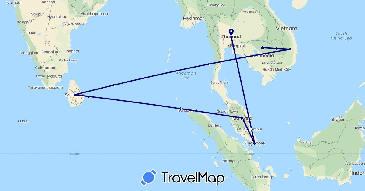 TravelMap itinerary: driving in Cambodia, Sri Lanka, Malaysia, Singapore, Thailand, Vietnam (Asia)